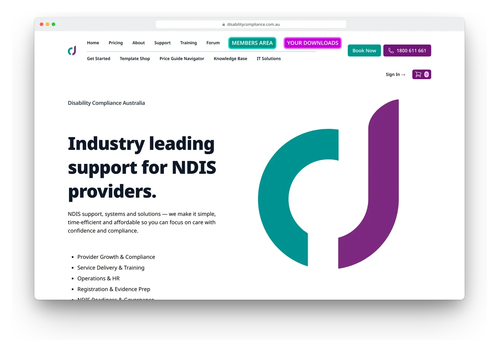 The Disability Compliance Australia home page in a browser window, with the headline "Industry leading support for NDIS providers" beside the DCA logo.