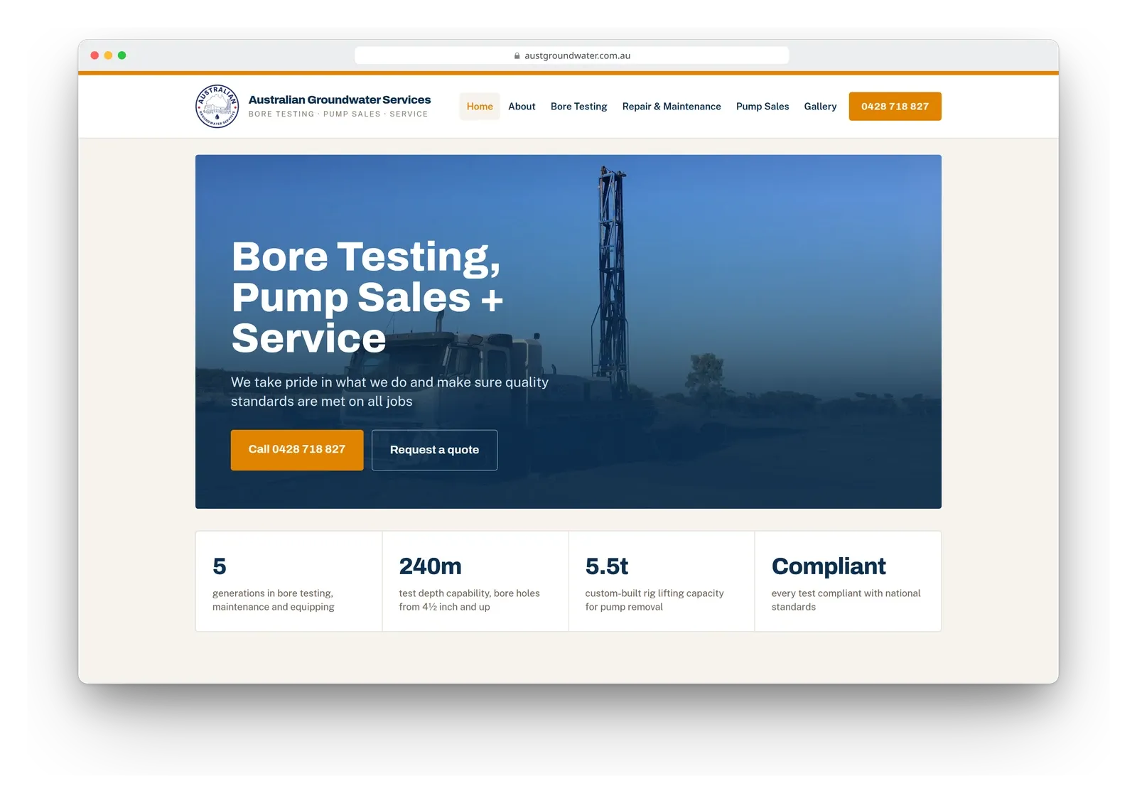 The Australian Groundwater Services home page in a browser window, with a drilling rig behind the headline "Bore Testing, Pump Sales + Service" and call and quote buttons.