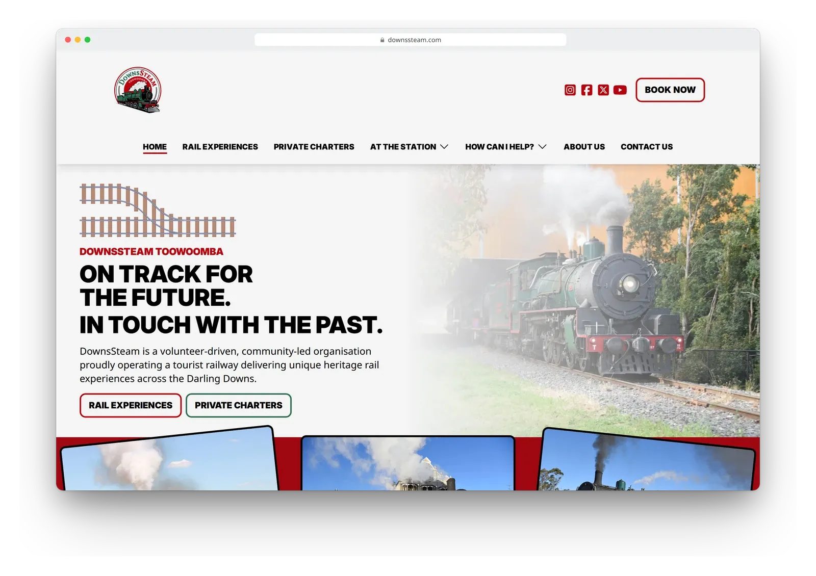 The DownsSteam home page in a browser window, with a steam locomotive beside the headline "On track for the future. In touch with the past."