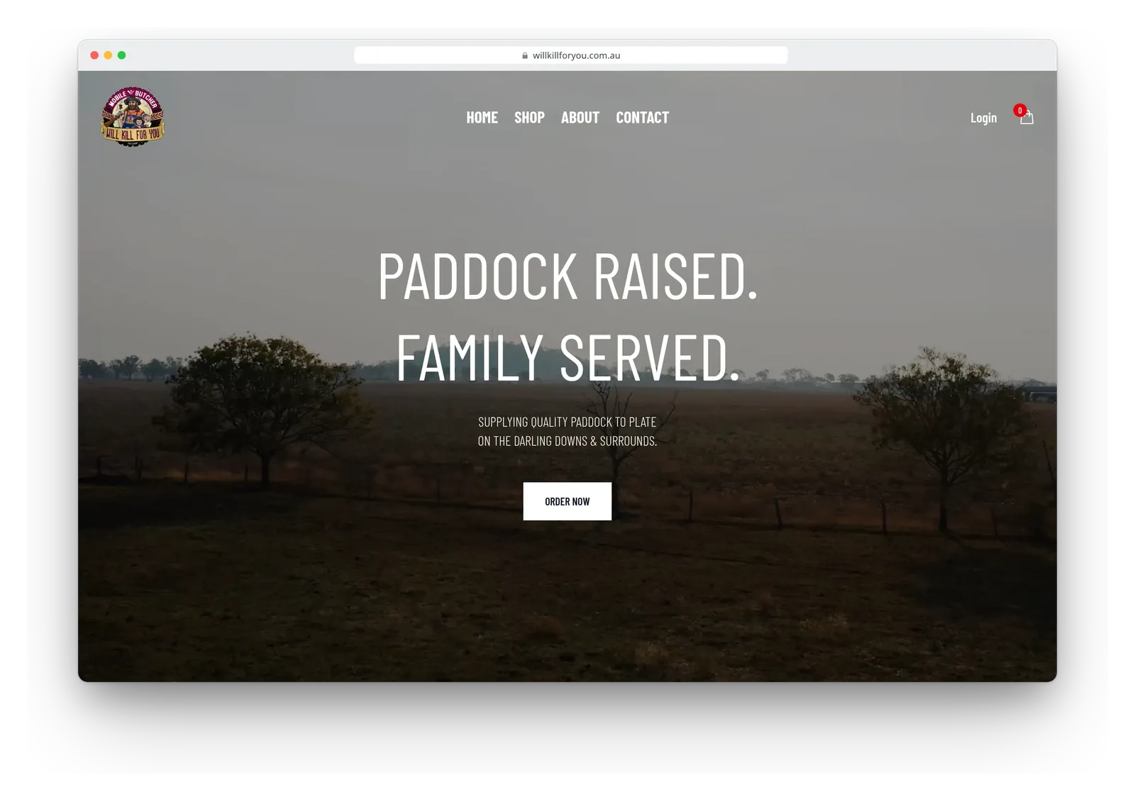 The Will Kill For You home page in a browser window, with the headline "Paddock raised. Family served." over a dim paddock and an Order now button.