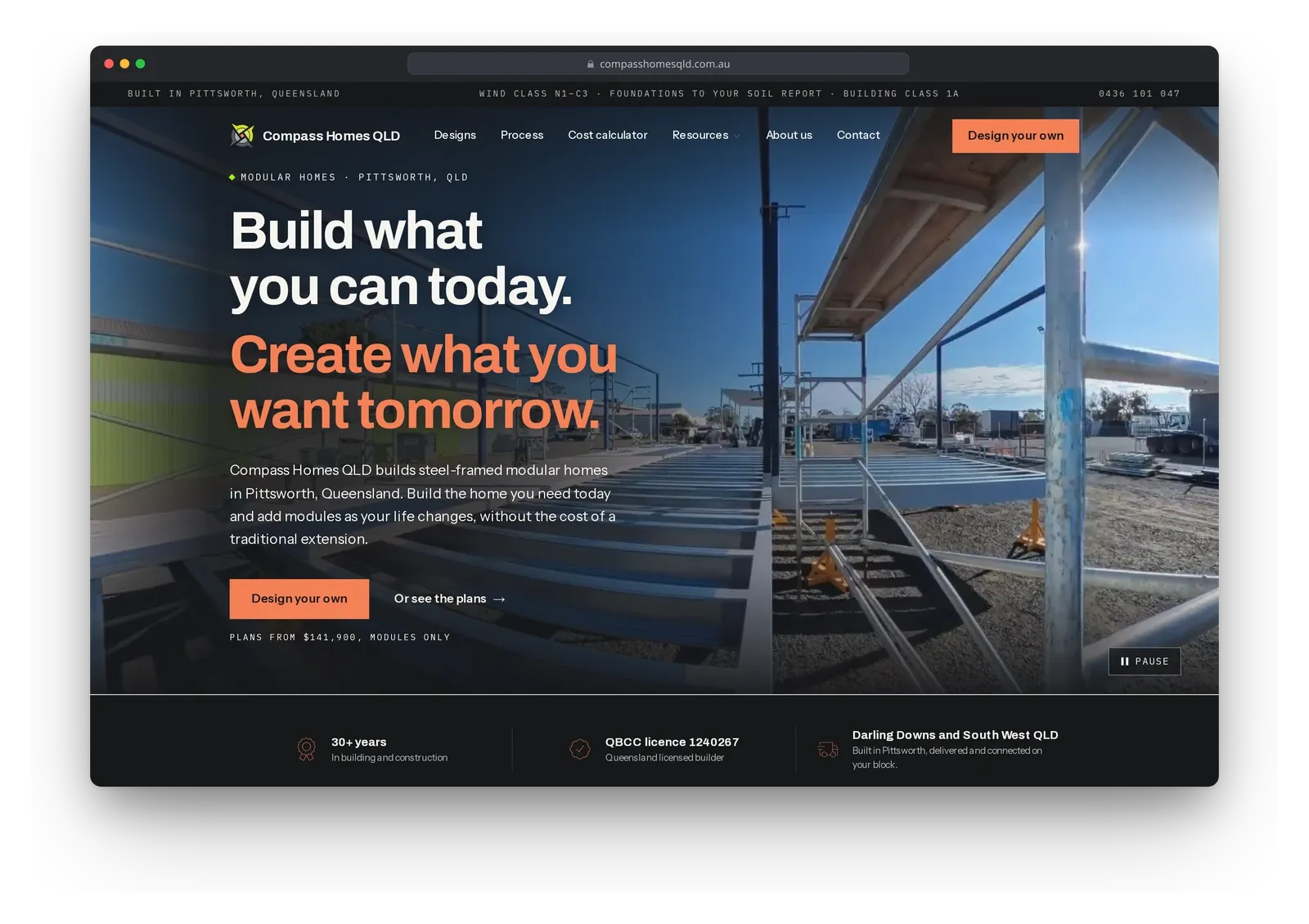 The Compass Homes QLD home page in a browser window, showing the headline and the licence strip.