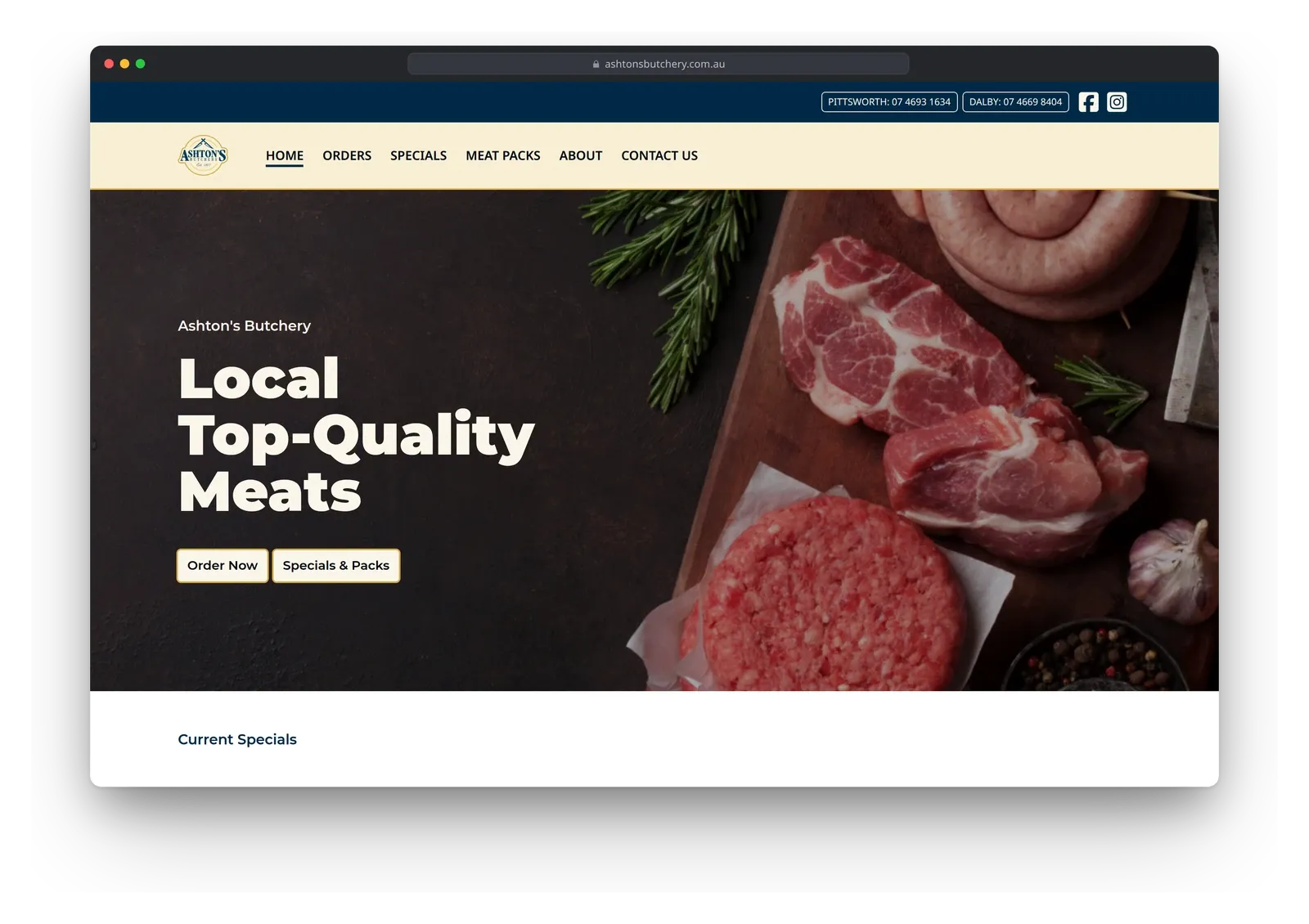 The Ashton's Butchery home page in a browser window, with the headline "Local Top-Quality Meats" over a photo of raw cuts and sausage, and Order Now and Specials & Packs buttons.