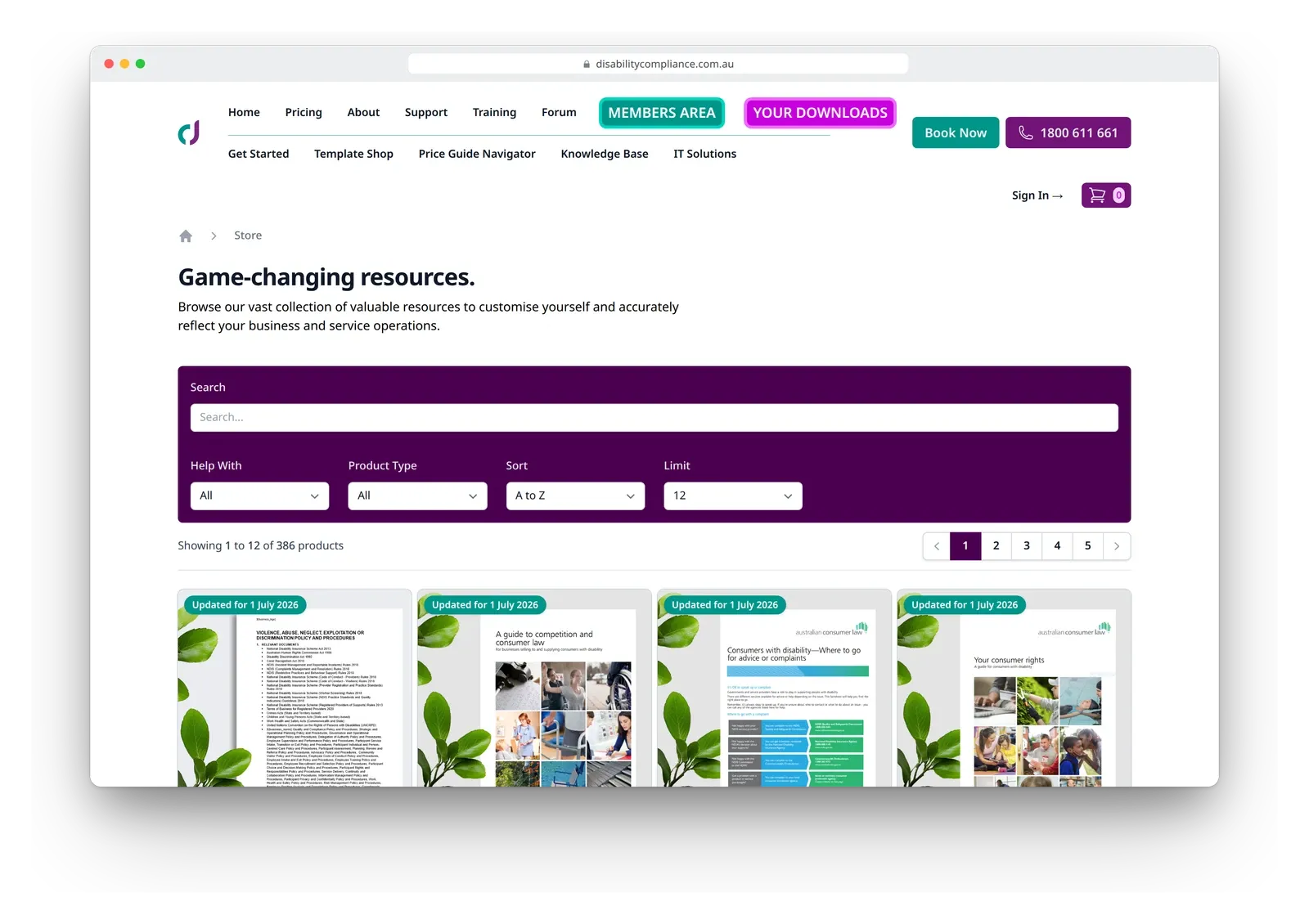 The template shop on the Disability Compliance Australia site in a browser window, with a search box, filters and a row of template covers.