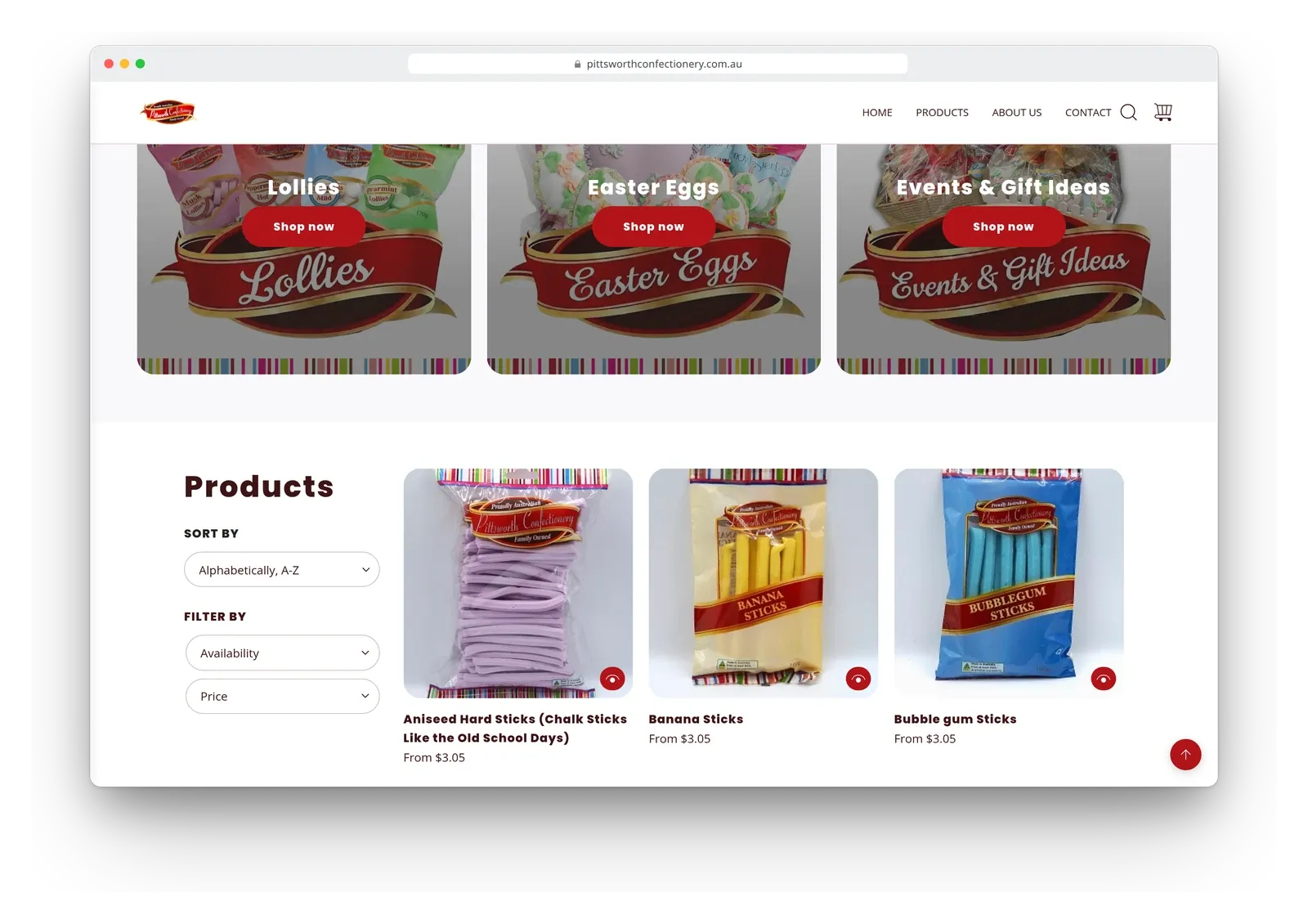 The products page on the Pittsworth Confectionery store in a browser window, with tiles for Lollies, Easter Eggs and Events & Gift Ideas, sort and filter menus, and a row of packaged chalk, banana and bubblegum sticks.