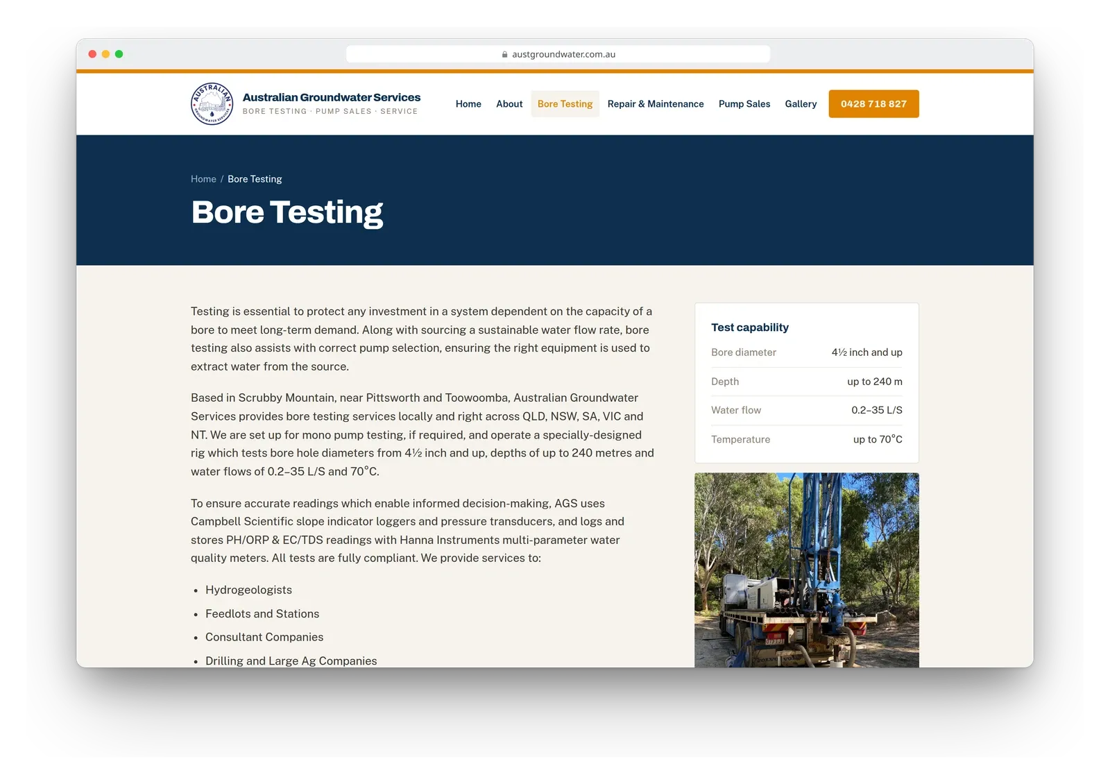 The bore testing page on the Australian Groundwater Services site in a browser window, with a text column, a table of test capability and a photo of a drilling rig.