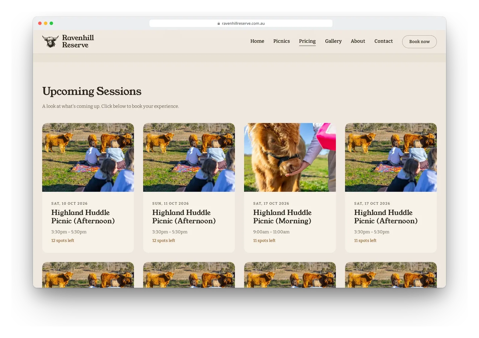 The upcoming sessions on the Ravenhill Reserve site in a browser window, a grid of cards with dates, times and the spots left.