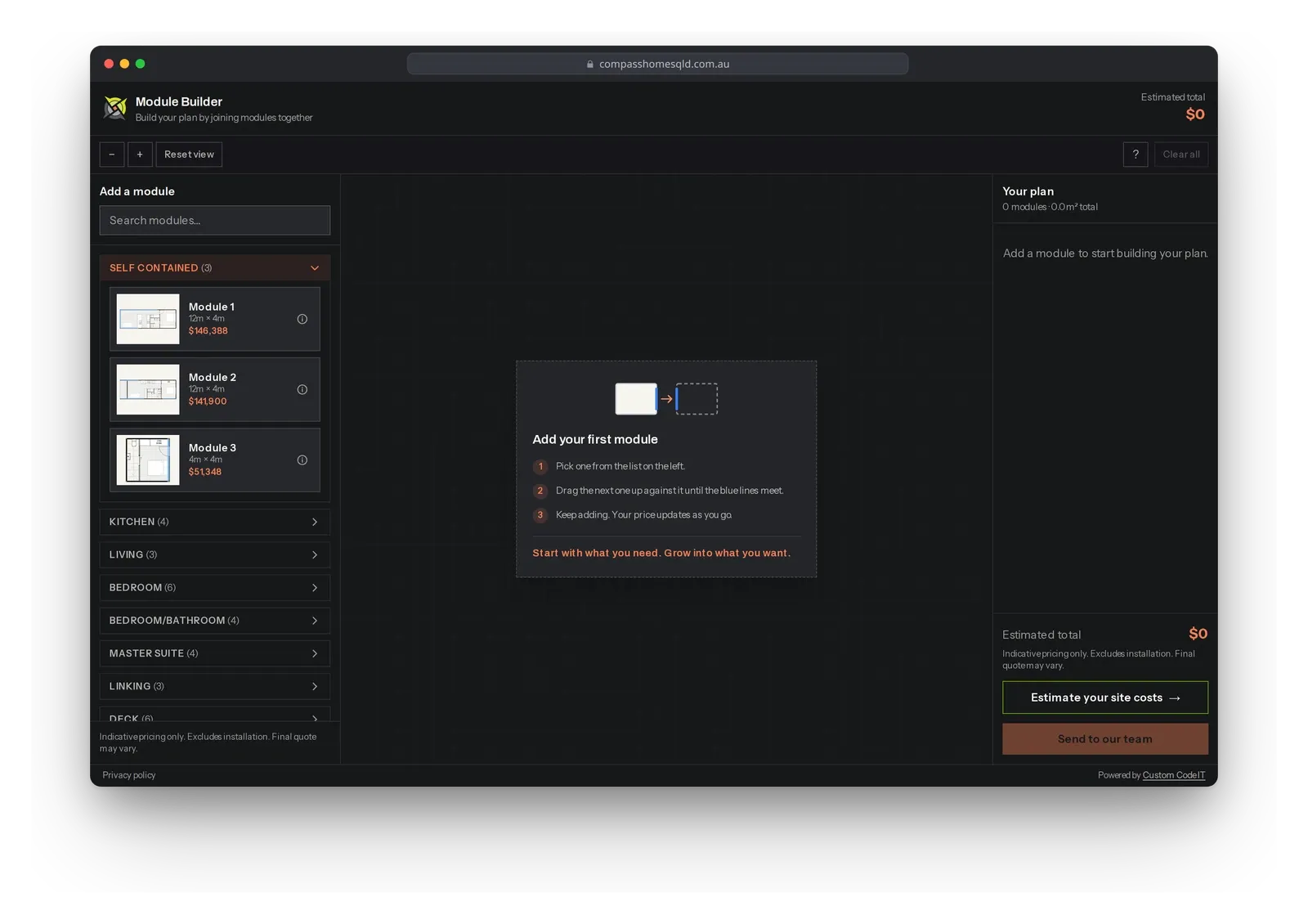 The Module Builder in a browser window, empty and ready to start a floor plan.