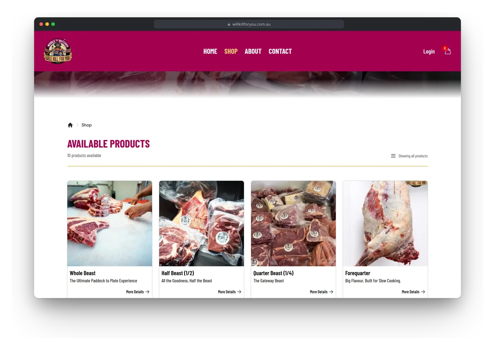 The Will Kill For You shop in a browser window, with product cards for the whole, half and quarter beast and the forequarter.