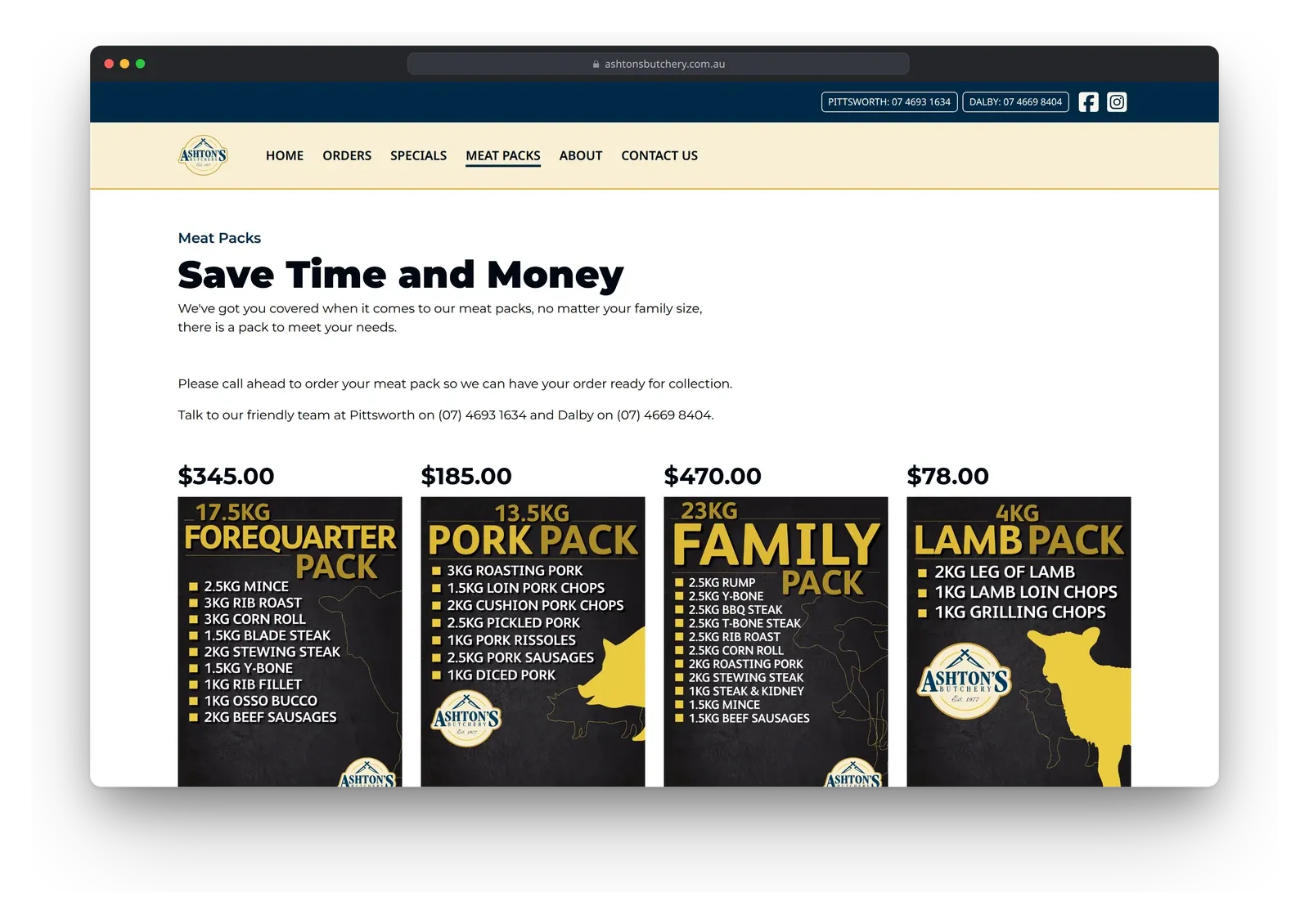 The meat packs page on the Ashton's Butchery site in a browser window, with price graphics for the forequarter, pork, family and lamb packs.