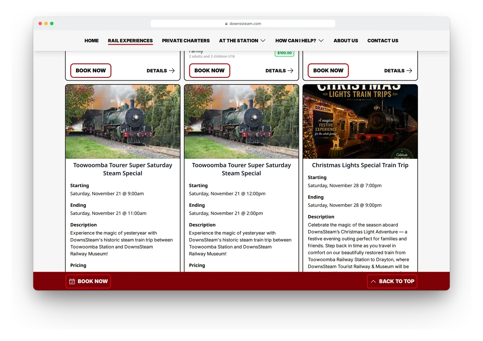 The rail experiences page on the DownsSteam site in a browser window, with trip cards showing dates, times and Book now buttons.