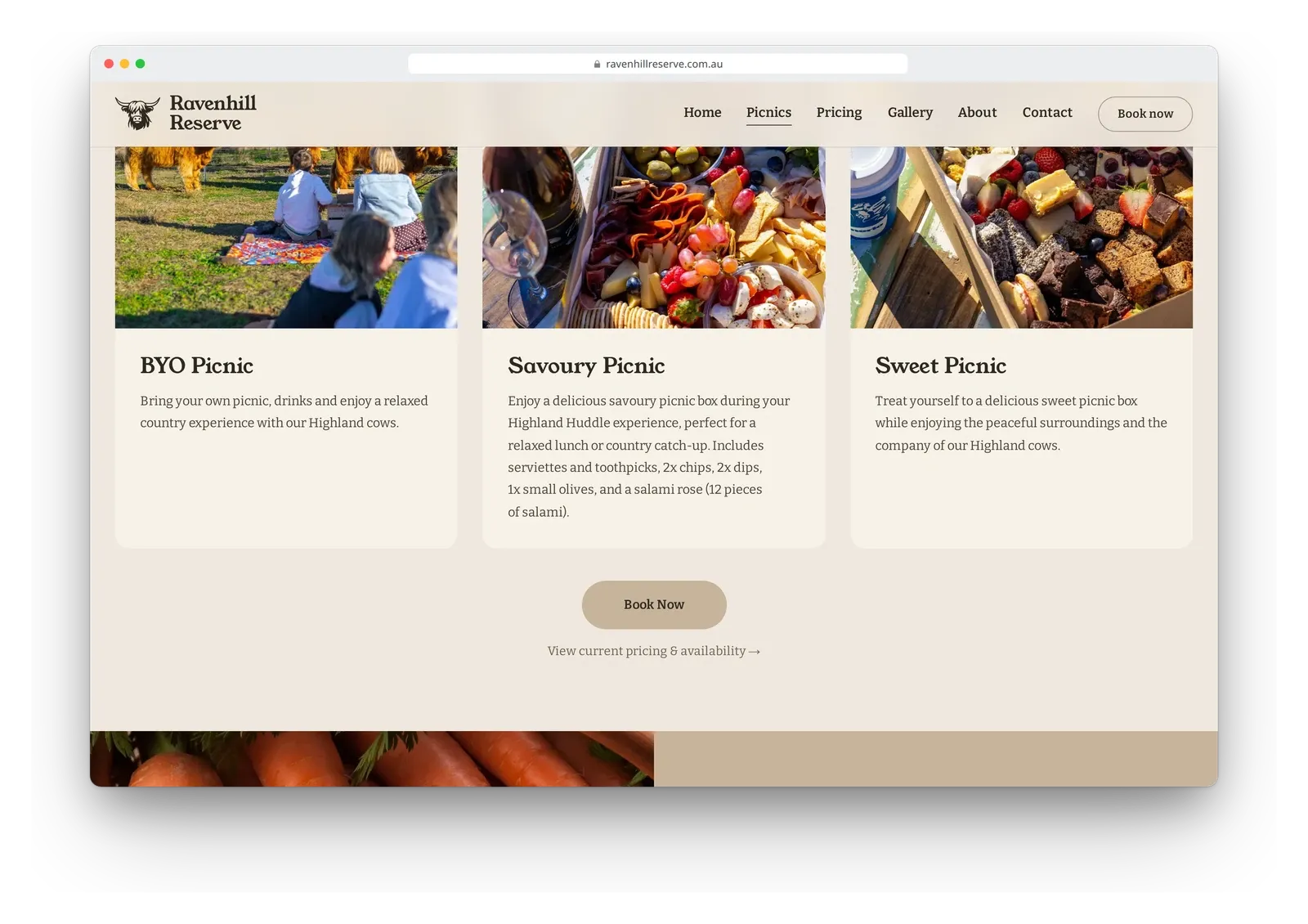 The picnic options on the Ravenhill Reserve site in a browser window, three cards for the BYO, savoury and sweet picnics.