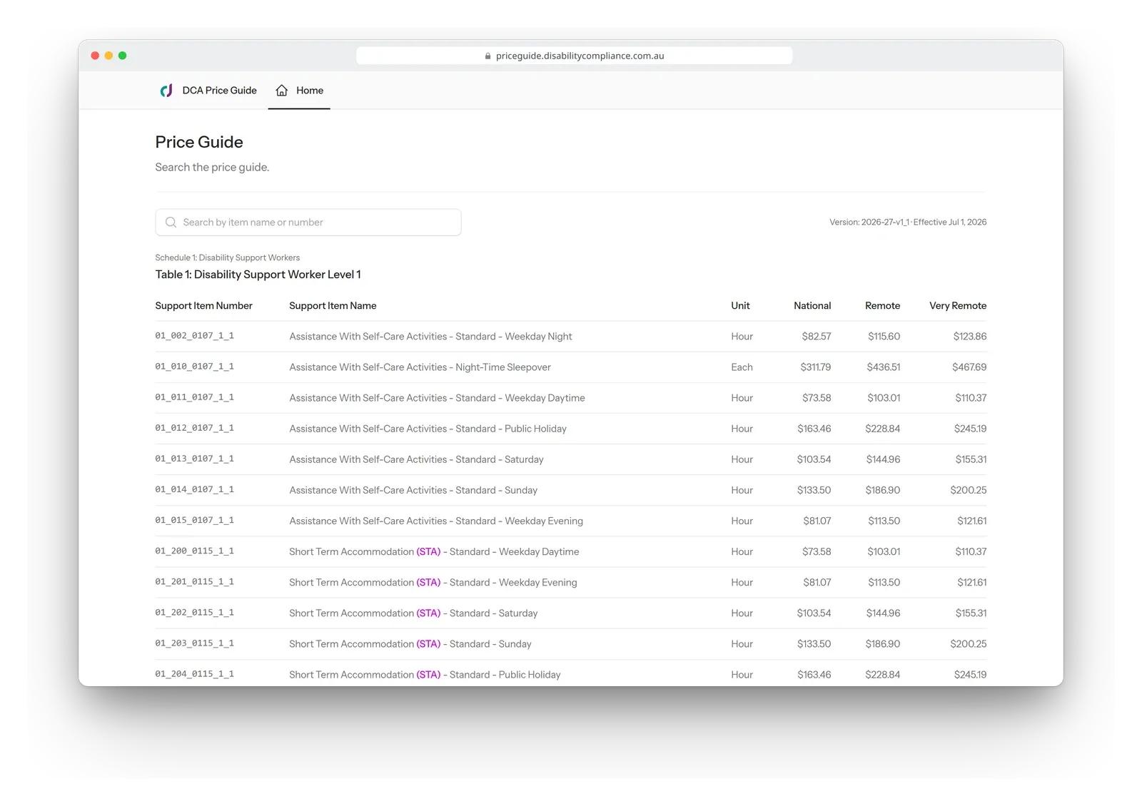 The NDIS price guide in a browser window, with a search box and a table of support items with national, remote and very remote prices.