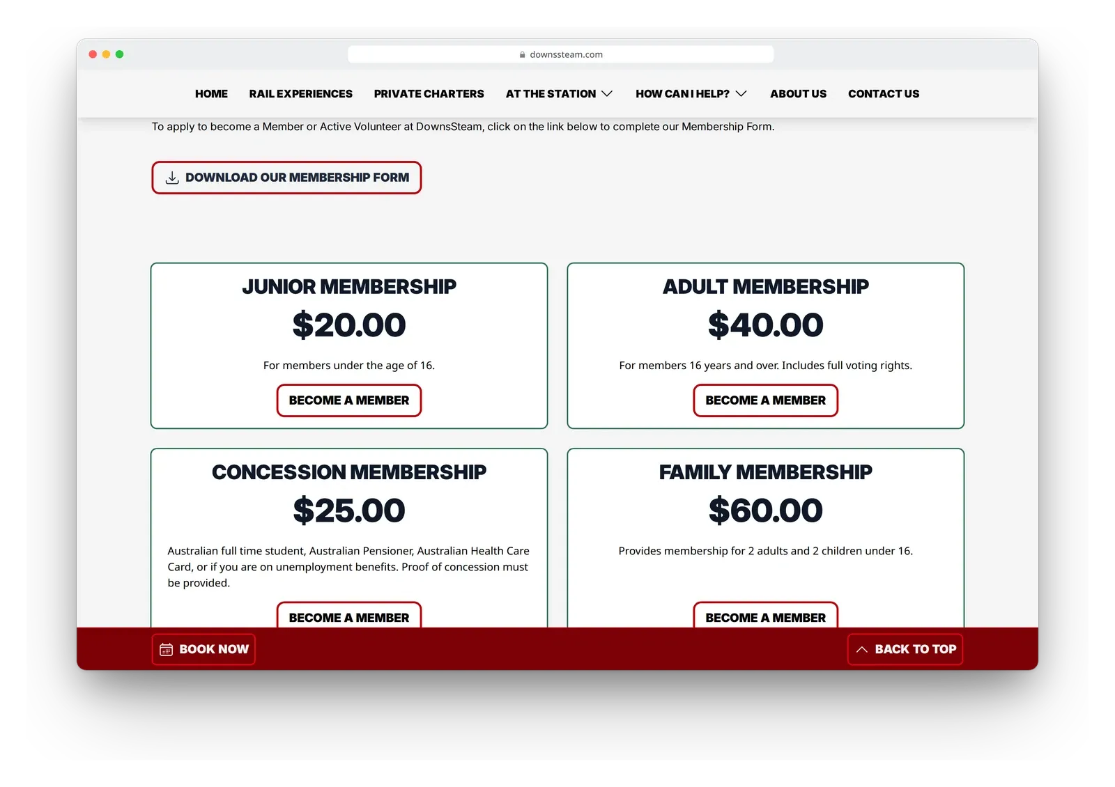 The membership page on the DownsSteam site in a browser window, with junior, adult, concession and family membership prices.