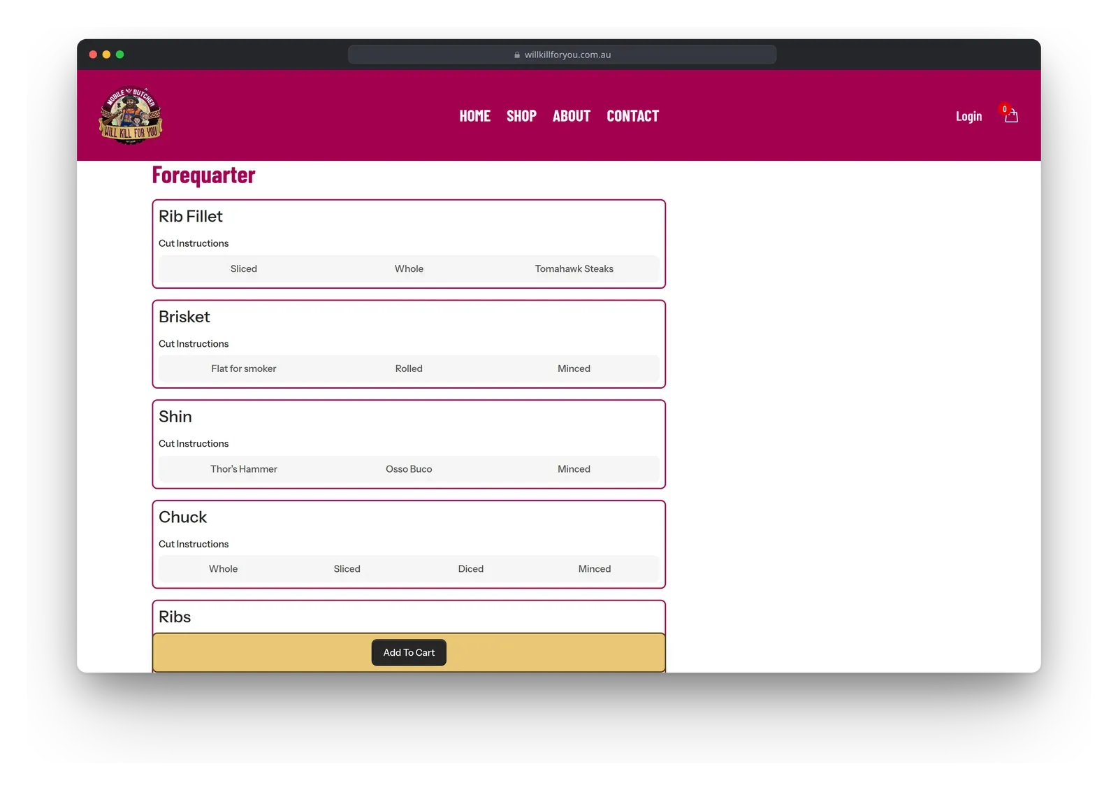 The forequarter product page in a browser window, with cut choices for each part, such as sliced, whole or tomahawk steaks for the rib fillet.