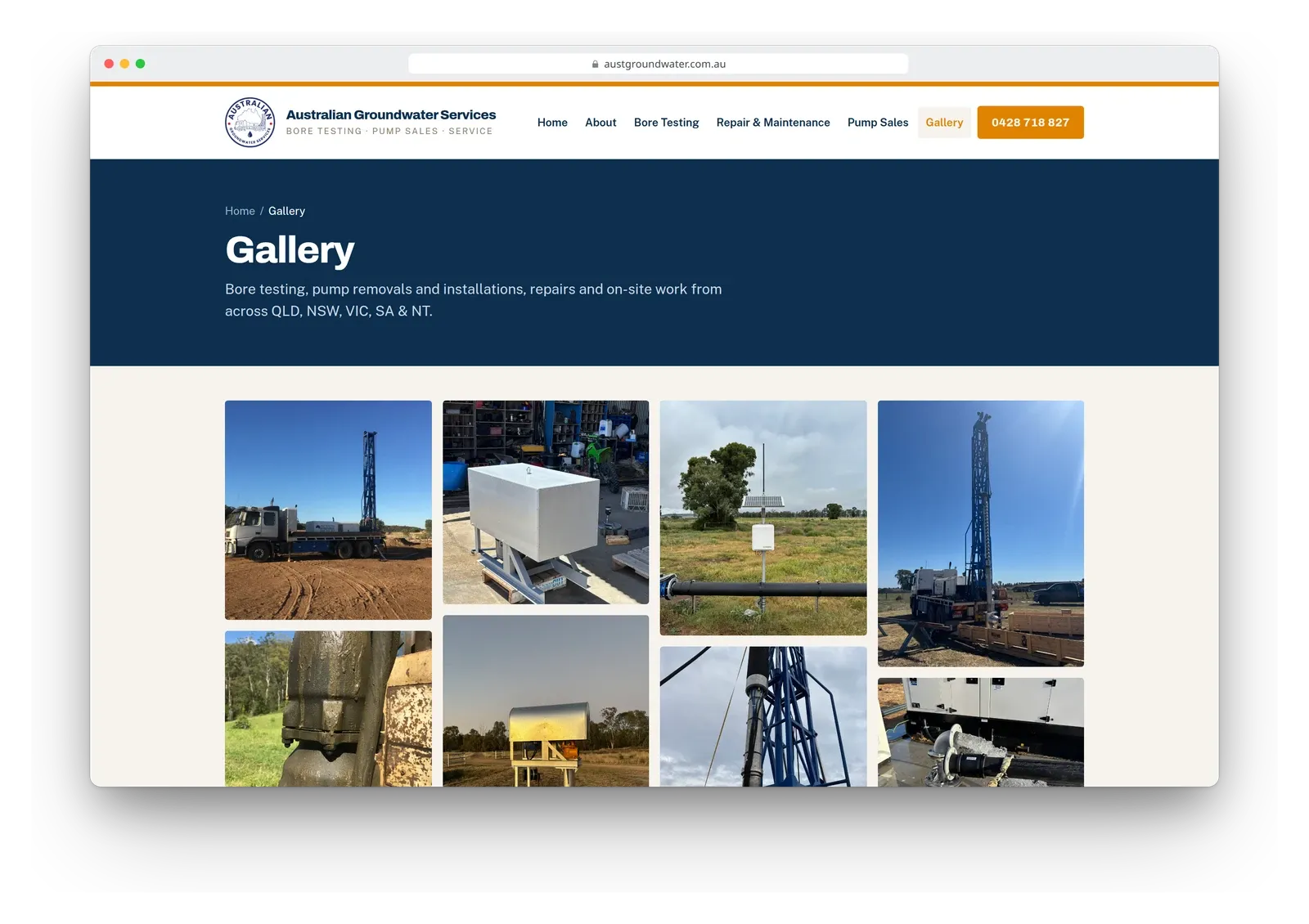 The gallery on the Australian Groundwater Services site in a browser window, a grid of photos of rigs, pumps and sites.
