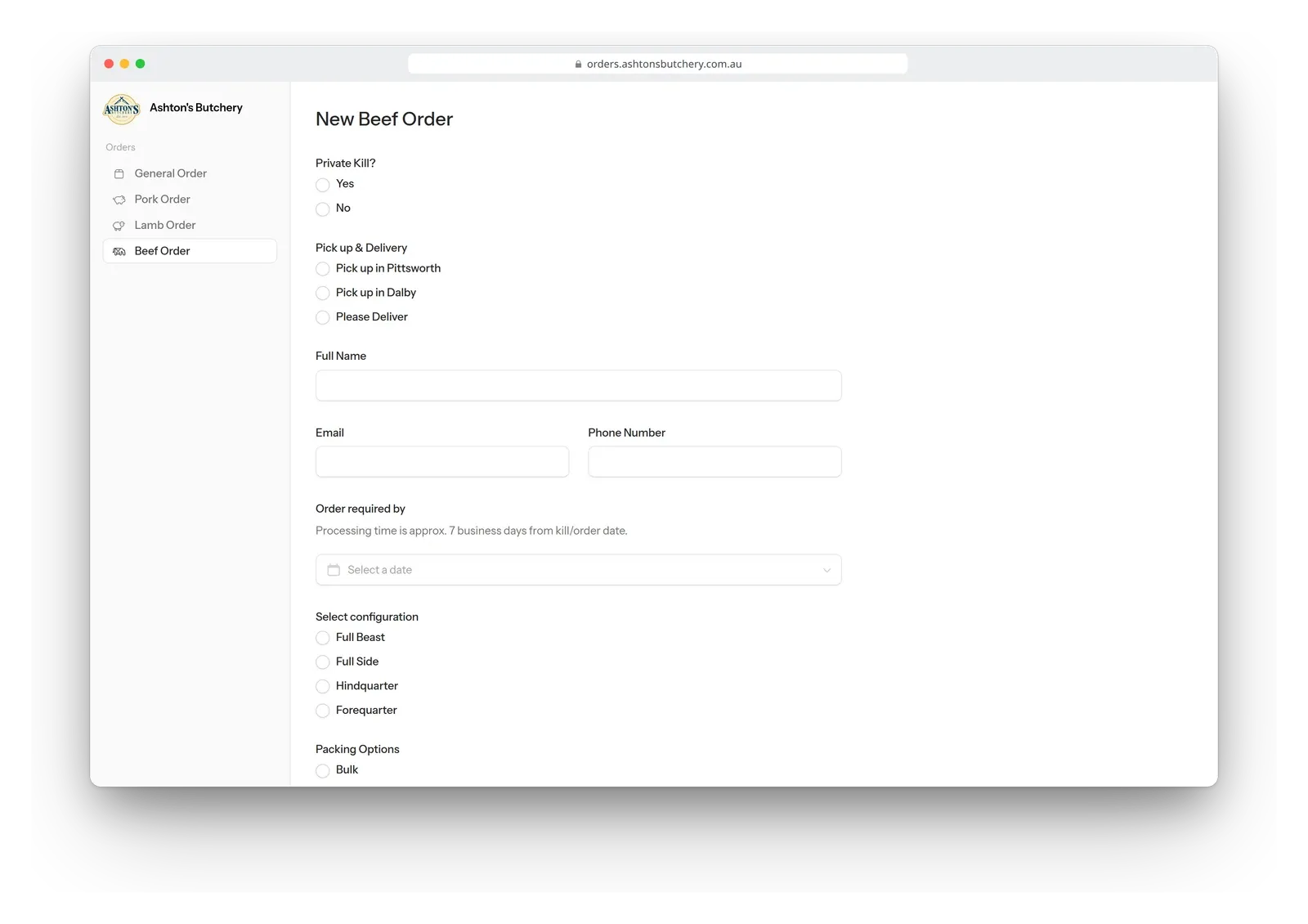 The online beef order form for Ashton's Butchery in a browser window, with a menu for the general, pork, lamb and beef orders.