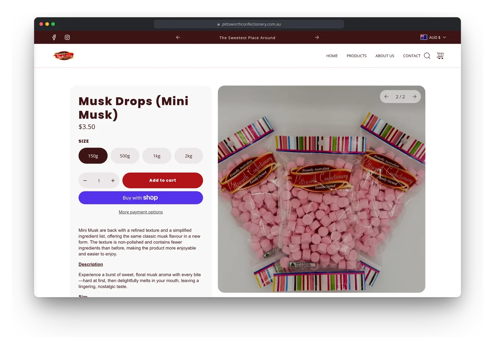 The Musk Drops product page on the Pittsworth Confectionery store in a browser window, with size options, an Add to cart button, a Buy with Shop button and a photo of three bags of pink musk lollies.