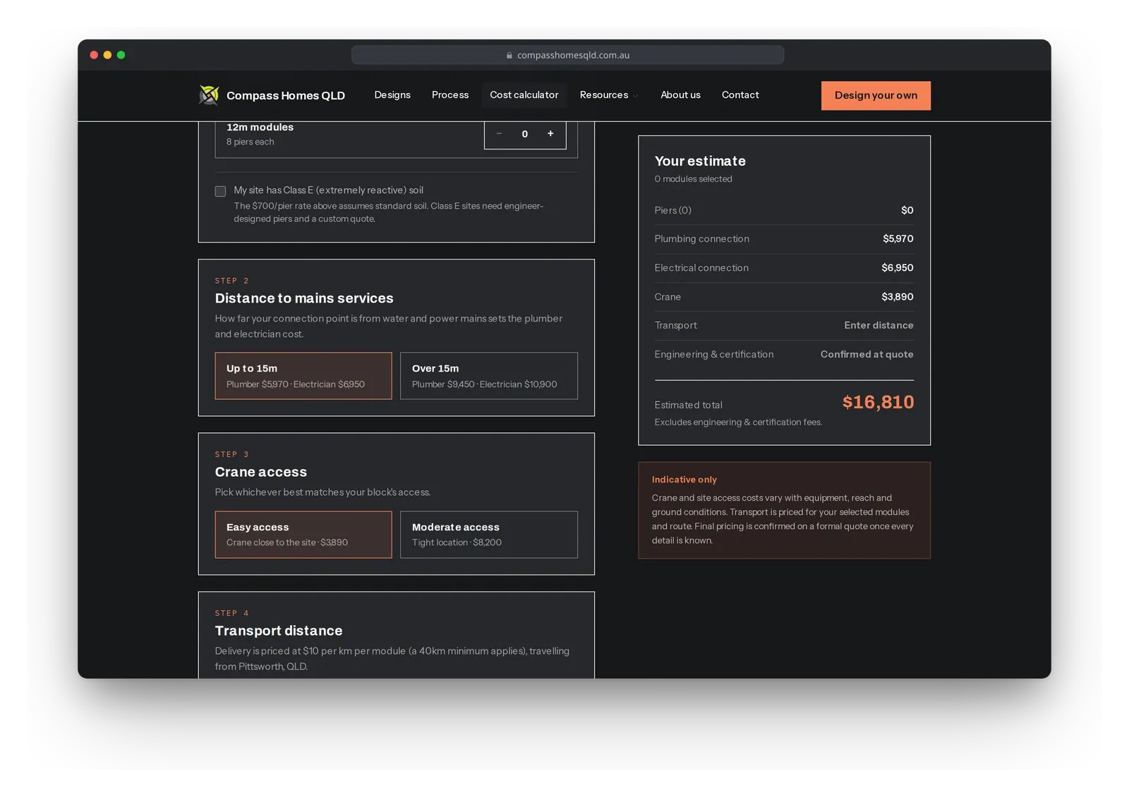 The site costs calculator in a browser window, with the estimate panel beside the steps.