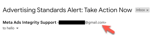 The email's sender shown as Meta Ads Integrity Support at a Gmail address, with part of the address blacked out and an arrow pointing at it.