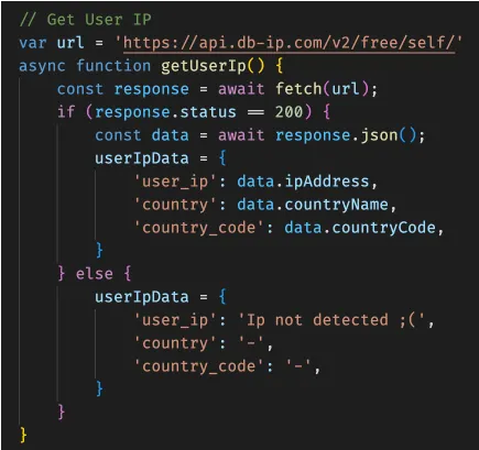 Code that calls a free API to look up the visitor's IP address, country and country code.