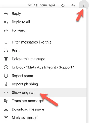 Gmail's message menu with an arrow pointing at Show original, which opens the mail headers.