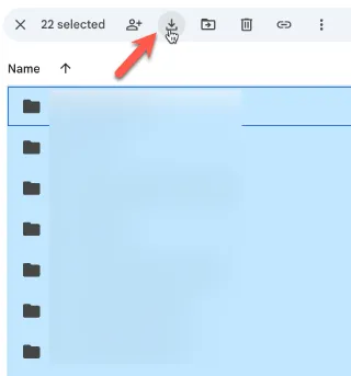 Google Drive with 22 files selected and an arrow pointing at the download button.