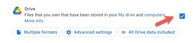 The Drive option in Google Takeout ticked, with an arrow pointing at the checkbox.