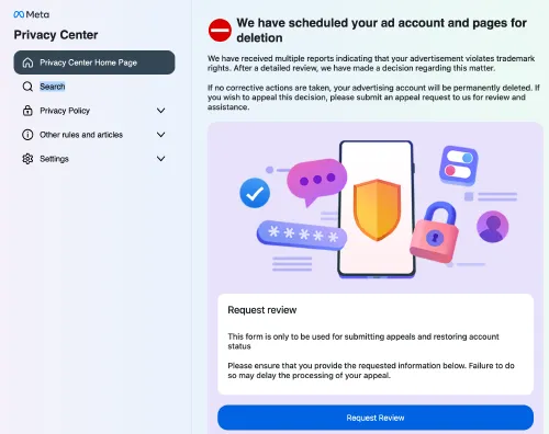 The fake Meta Privacy Center page the link led to, saying an ad account will be deleted, with a Request Review button.