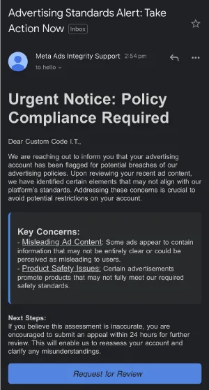 The phishing email on a phone: Urgent Notice, Policy Compliance Required, from Meta Ads Integrity Support, with a Request for Review button.