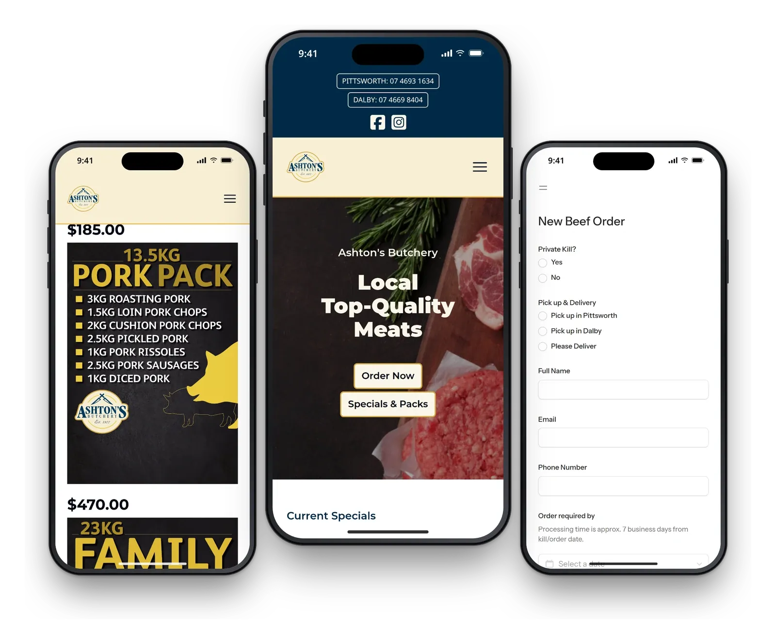 Ashton's Butchery on three phones, showing a meat pack, the home page and the beef order form.
