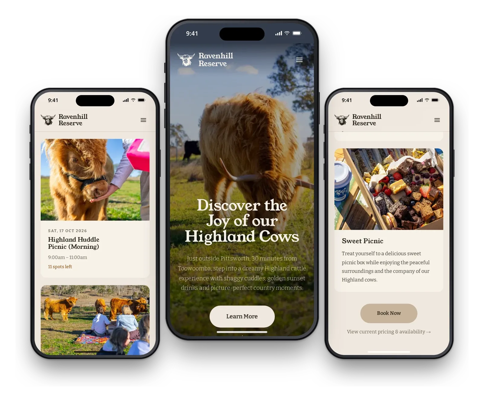 Ravenhill Reserve on three phones, showing the home page, the upcoming session cards and the sweet picnic card.