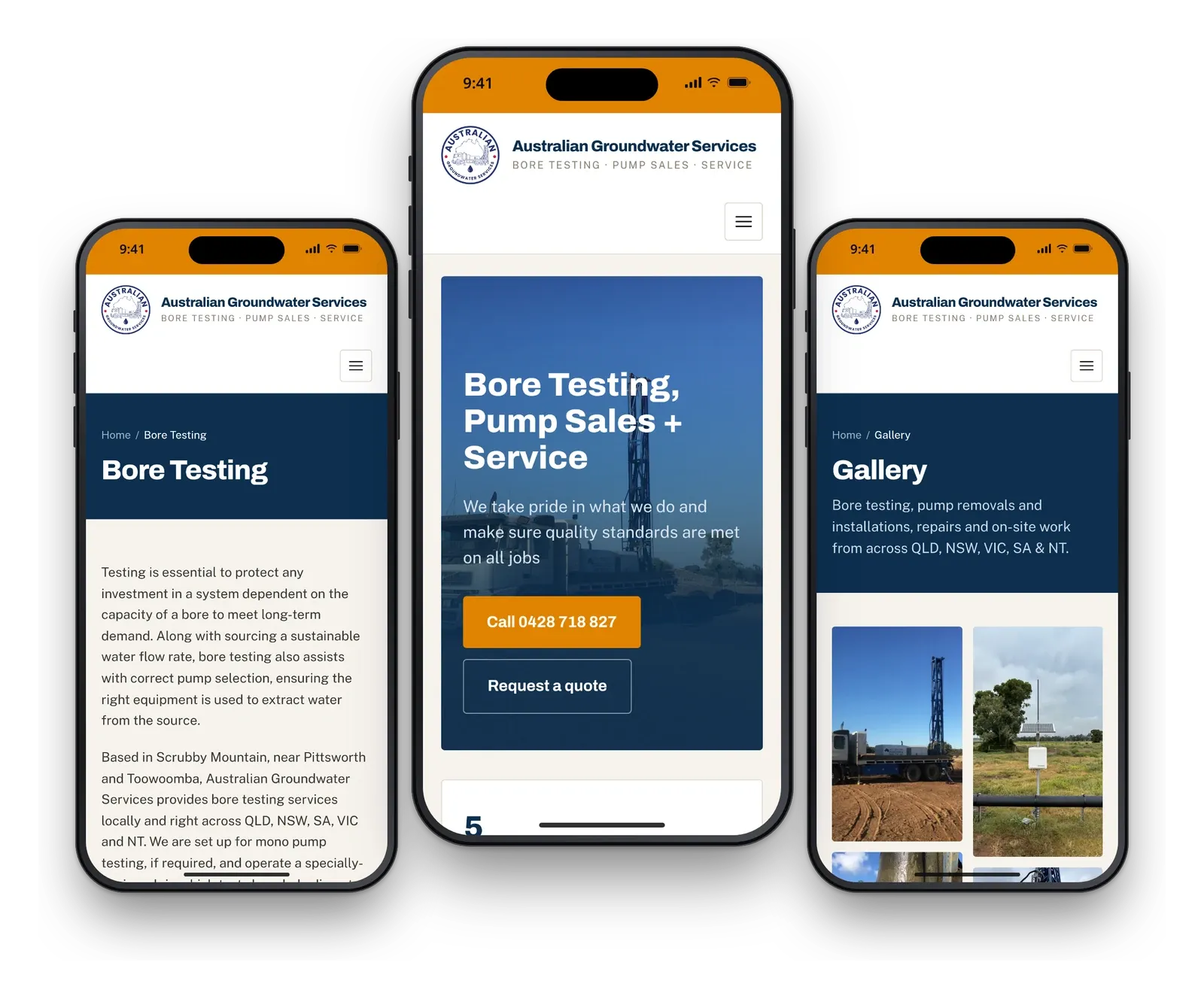 Australian Groundwater Services on three phones, showing the bore testing page, the home page and the gallery.