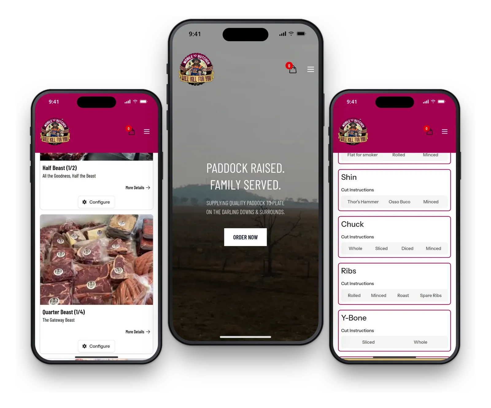 Will Kill For You on three phones, showing the shop products, the home page and the cut choices.