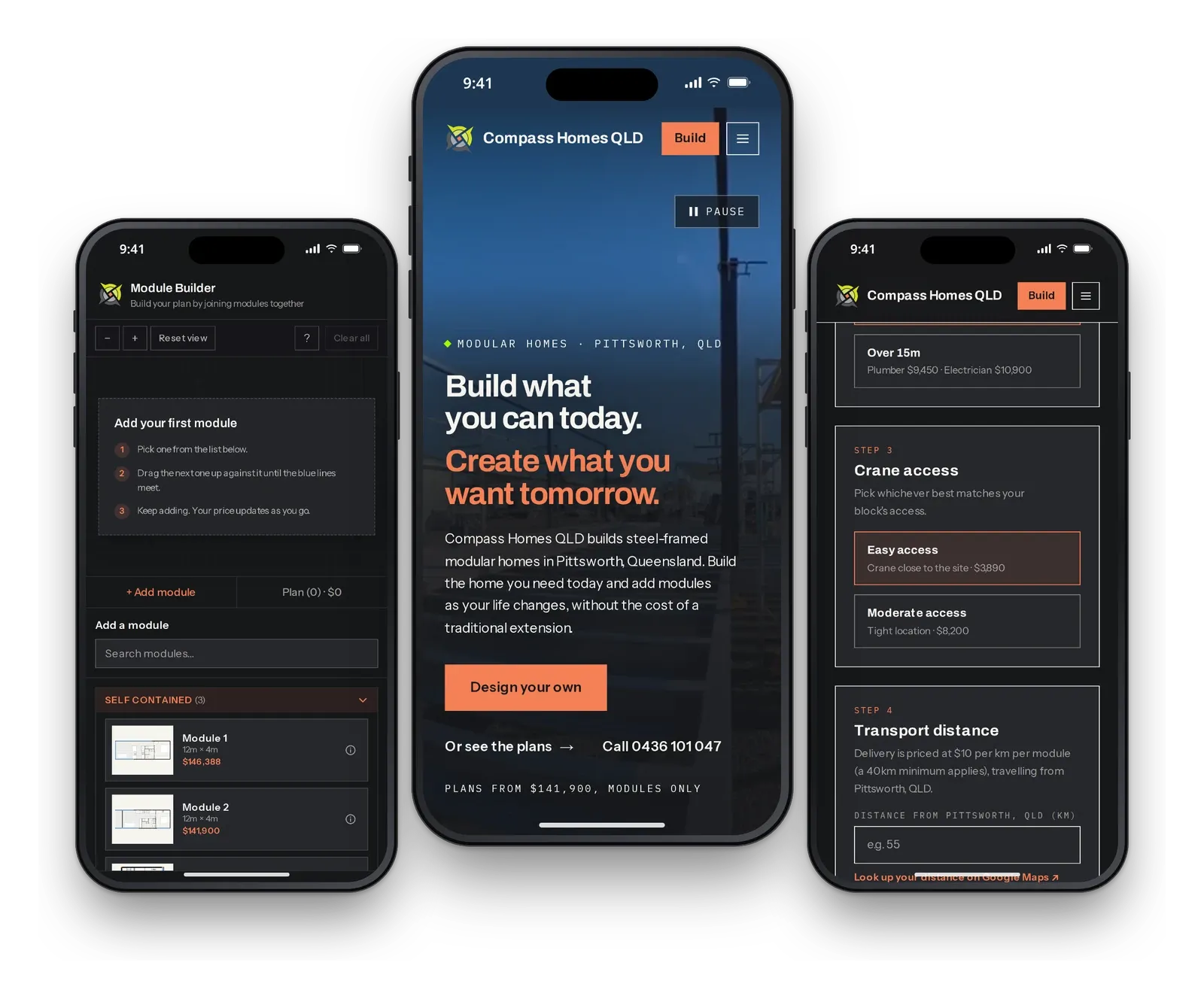 Compass Homes QLD on three phones, showing the home page, the Module Builder and the calculator steps.