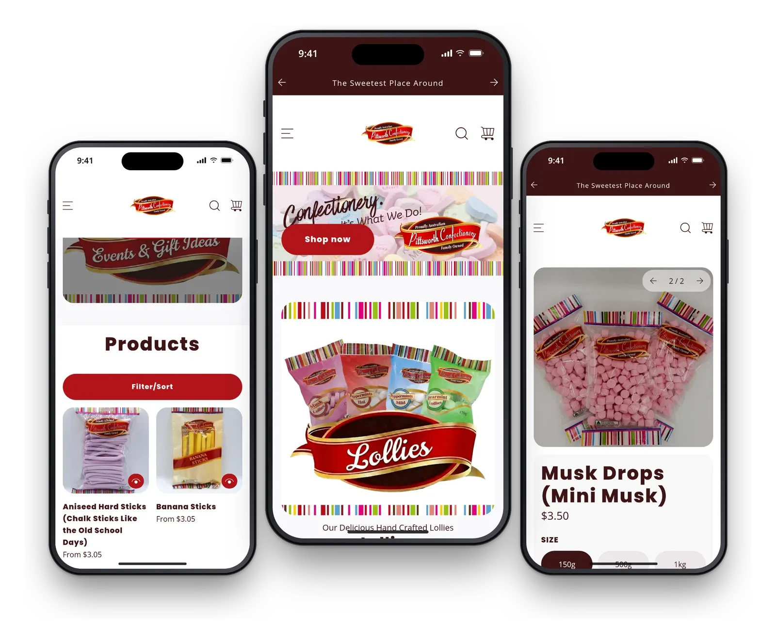 The Pittsworth Confectionery store on three phones, showing the products page with a Filter/Sort button, the home page and the Musk Drops product page.