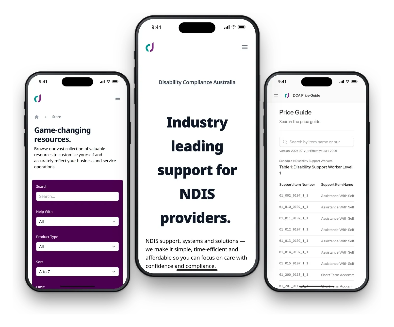 Disability Compliance Australia on three phones, showing the template shop filters, the home page and the price guide table.