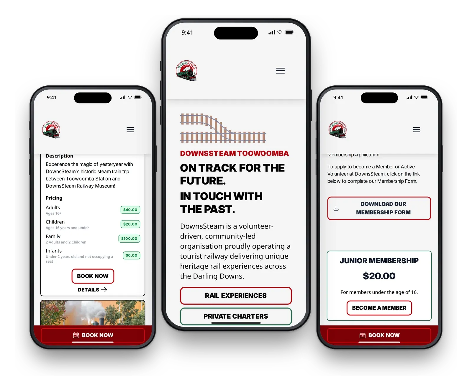 DownsSteam on three phones, showing a trip card with prices, the home page and the membership options.