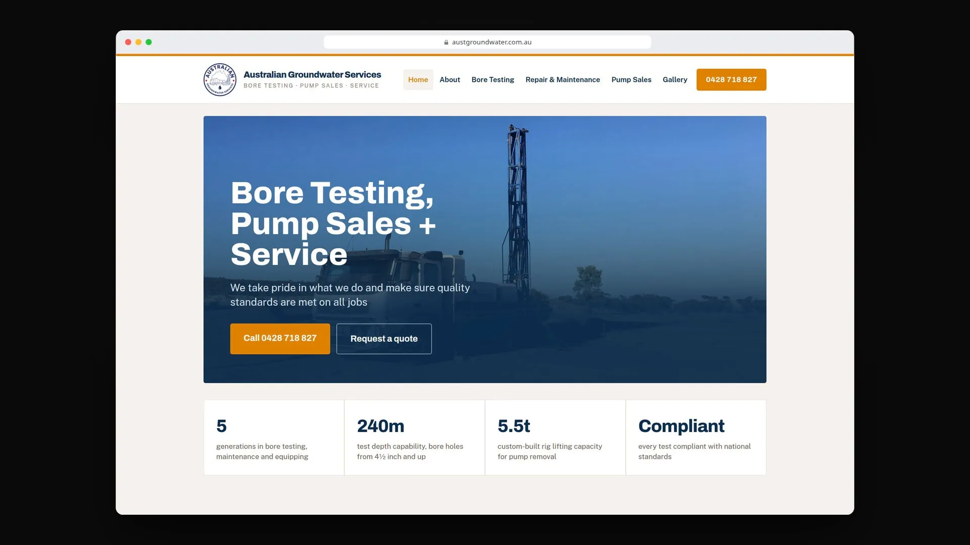 Australian Groundwater Services's website in a browser window.