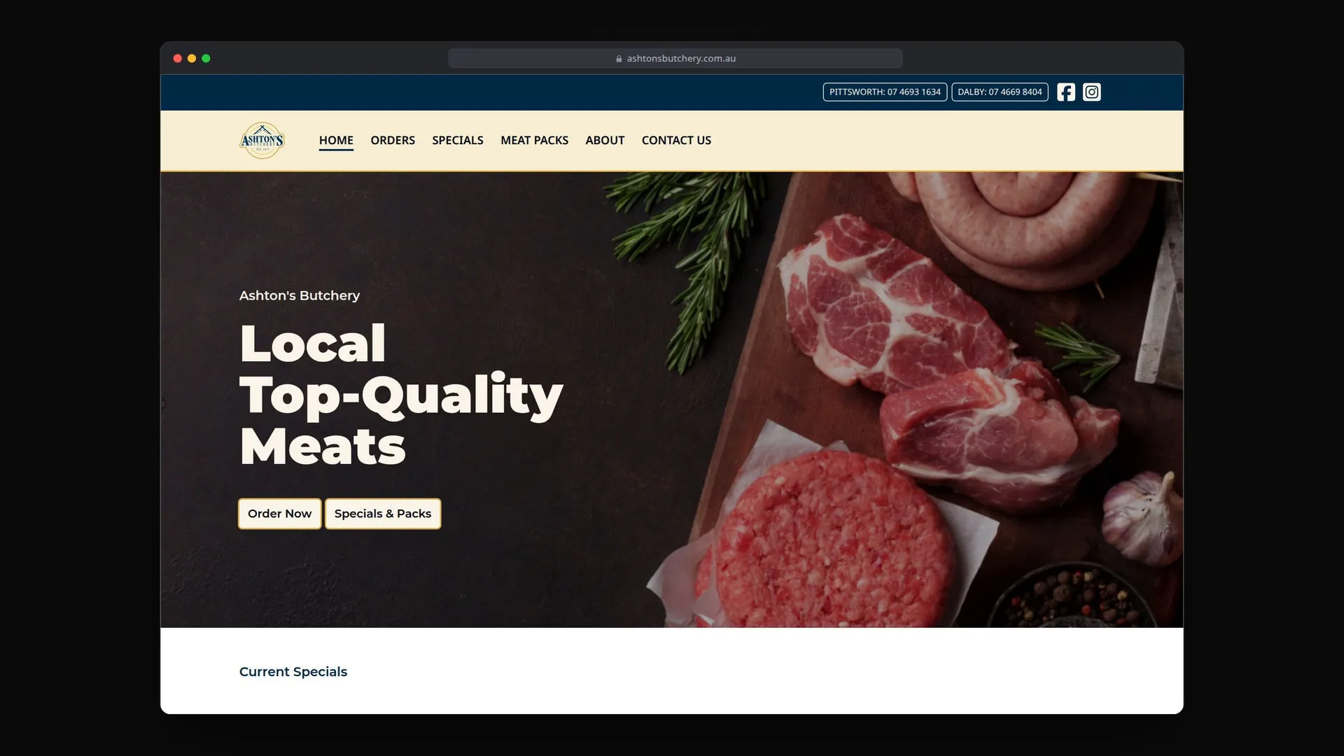 Ashton's Butchery's website in a browser window.