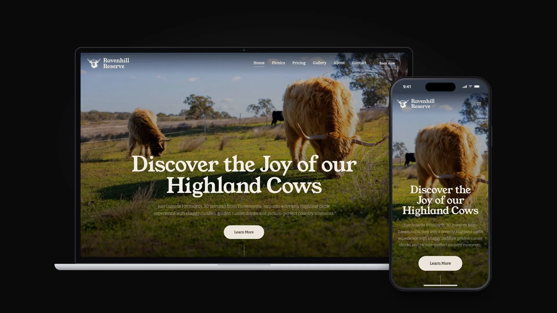 Ravenhill Reserve's website on a laptop and a phone.