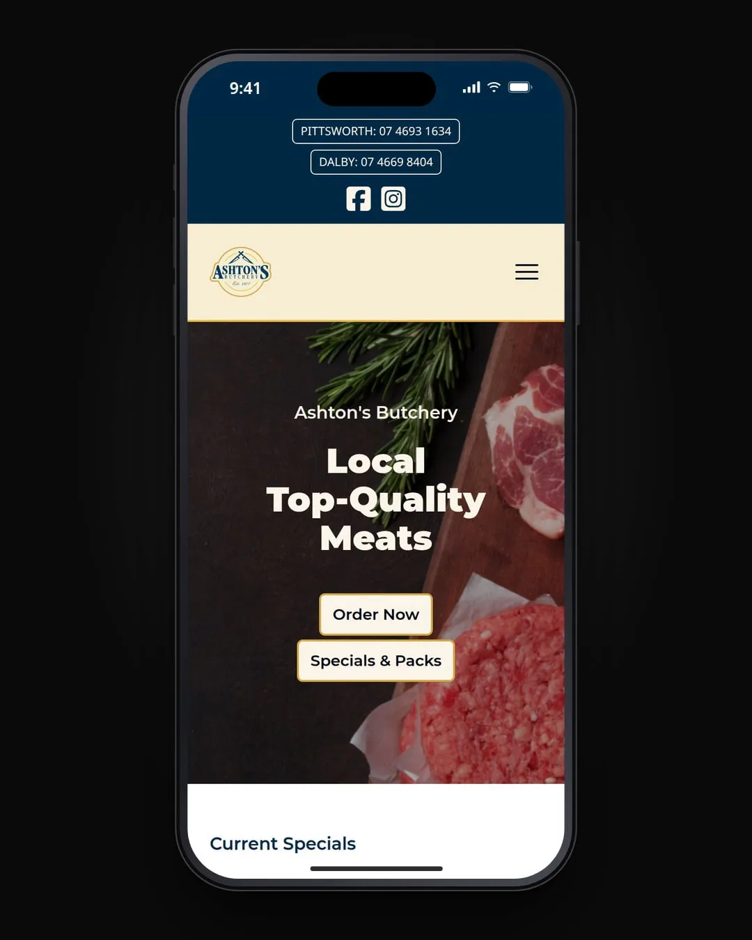 Ashton's Butchery's website on a phone.